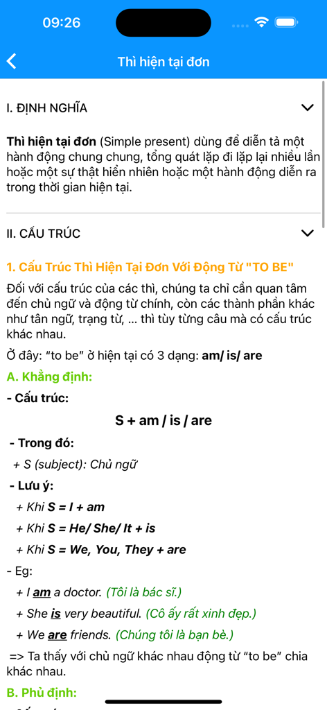 Học Tiếng Anh Cơ Bản - 現在単純形に関するベトナム語での英語文法レッスンが表示されたモバイルアプリのスクリーンショット。
