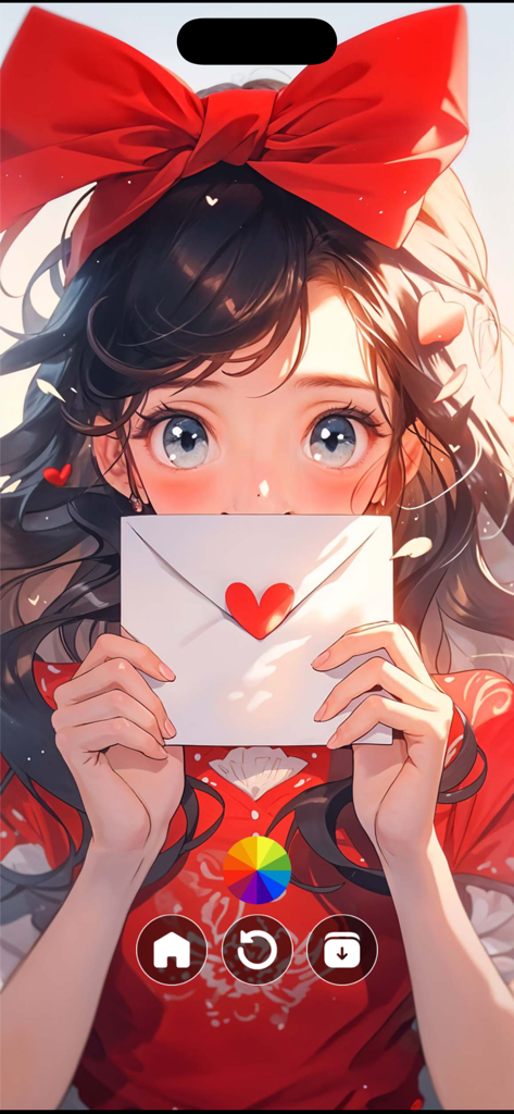Top Anime Girl Wallpaper - Fille d'anime avec un gros nœud rouge tenant une enveloppe en forme de cœur sur un écran d'application de fond d'écran mobile avec une roue de personnalisation des couleurs