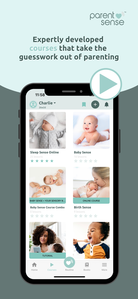 Parent Sense: Daily Baby Care - Screen showing various baby care courses in the Parent Sense app