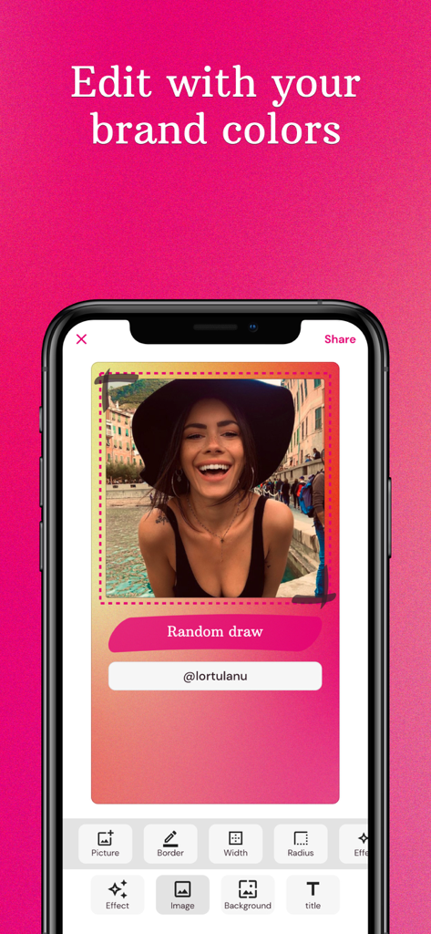 Lukky - Social Giveaways - Interface of the Lukky app for customizing social media giveaway templates with brand colors and editing tools