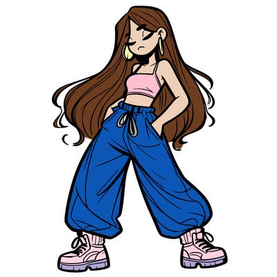girl in baggy pants crop top and long hair