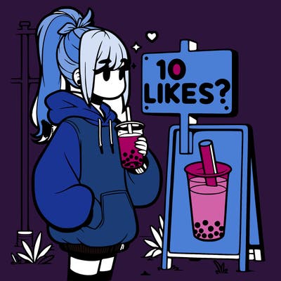 girl with oversized hoodie drinking boba and she has a high ponytail with a sign that says 10likes?