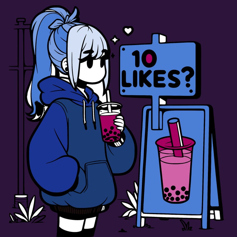 girl with oversized hoodie drinking boba and she has a high ponytail with a sign that says 10likes?