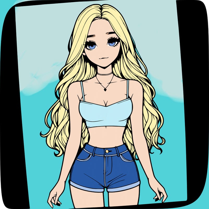 a realistic girl with long hair and in a crop top and shprts