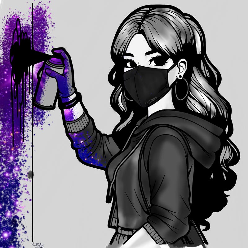 realistic girl with mask spray painting a wall