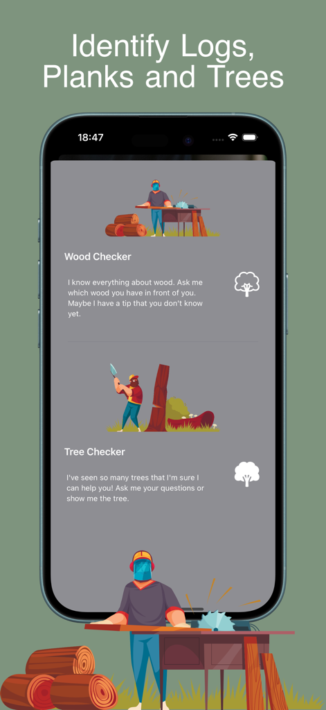 Wood Identifier: AI Scanner - A screenshot of the Wood Identifier AI Scanner app interface showing Wood Checker and Tree Checker modes.