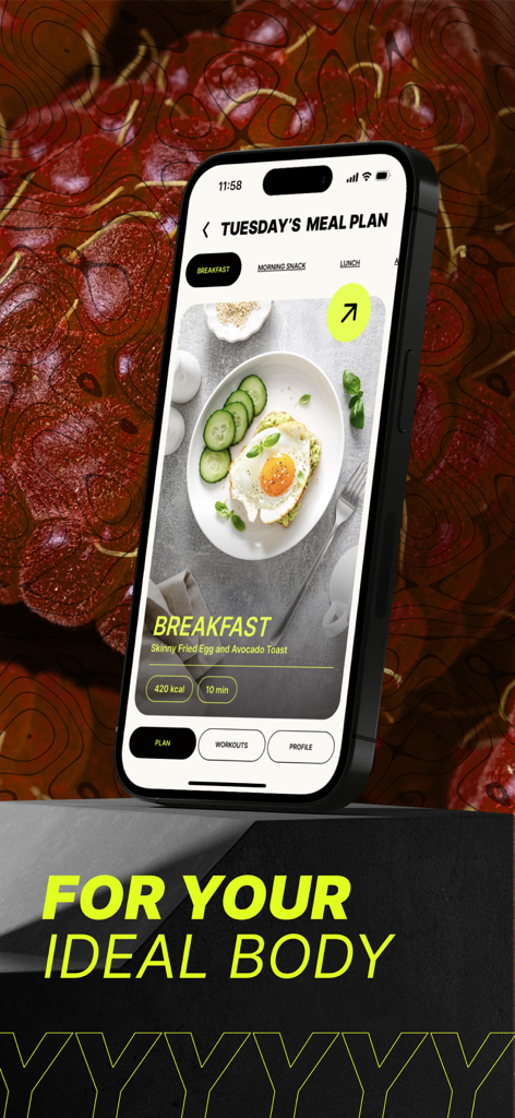 Smartphone displaying a healthy breakfast meal plan with avocado toast and a fried egg in the Shapy app