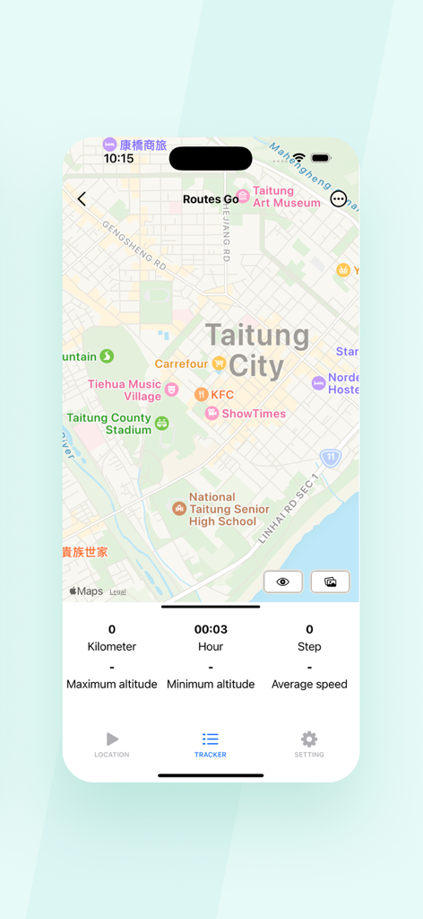 GPS Locate: Joystick&Routes Go - GPS Locate app interface showing a route tracker on a map with distance and time metrics