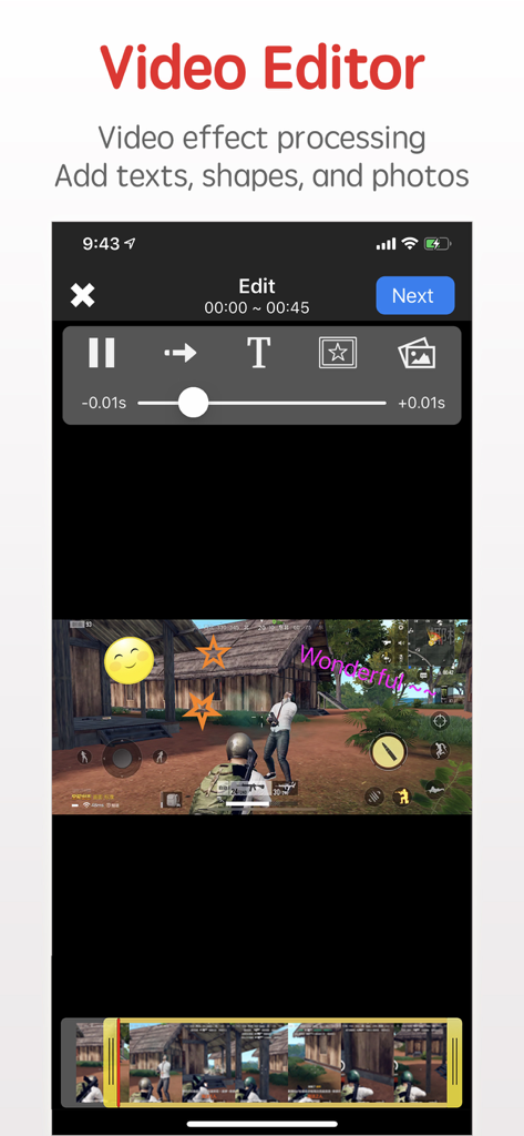 RecordXビデオエディタのインターフェイス。モバイルゲームプレイ上のテキストおよびステッカーオーバーレイが表示されています。