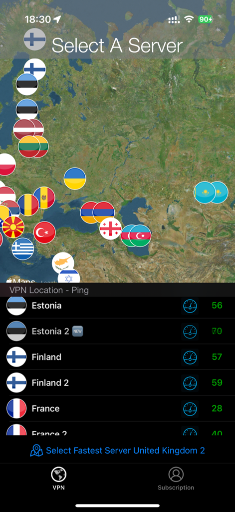 Global VPN - Global VPN server selection interface showing an interactive map with country flag markers and a list of server locations with ping performance