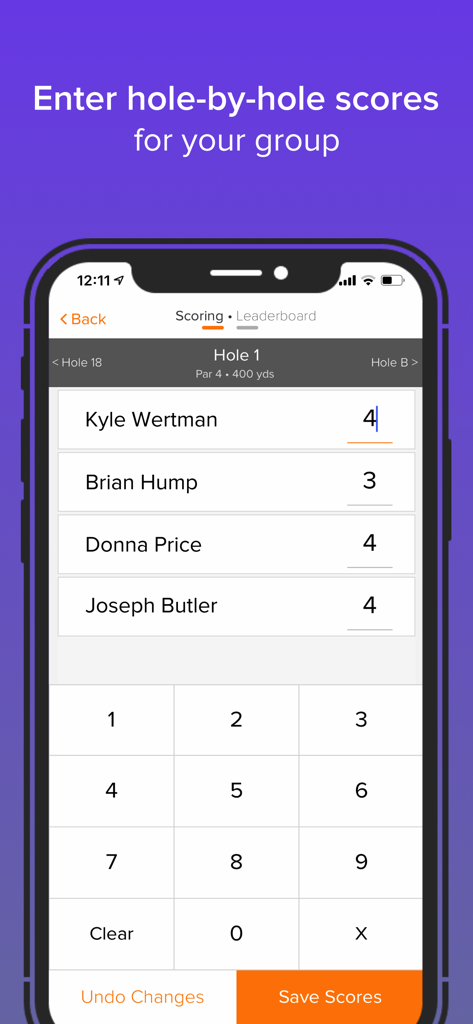 Golf Genius - Golf Genius mobile app interface for entering hole by hole scores for a group during a golf tournament