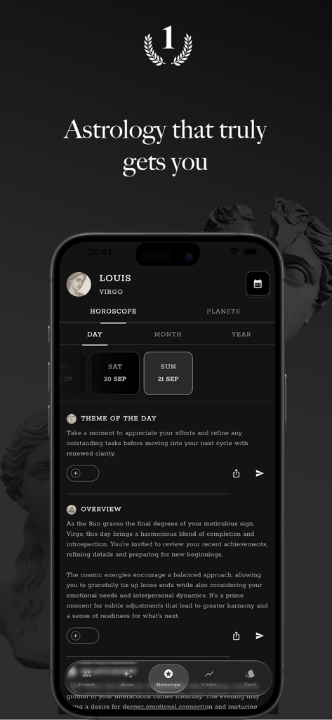 Capture d'écran de l'application Astraia Astrology montrant un horoscope quotidien personnalisé et le thème du jour pour un utilisateur Vierge sur une interface sombre.
