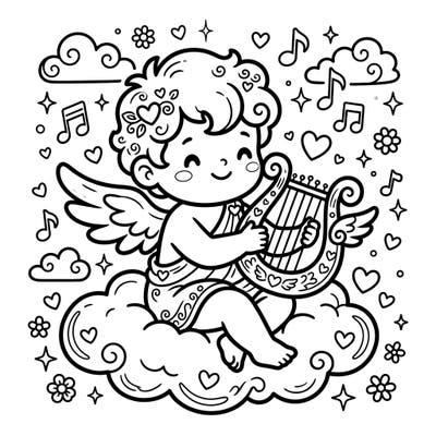This adorable Kawaii Cupid with a lyre invites you to a world of sweet melodies and creative coloring. Featuring charming hearts and musical notes, it's perfect for a relaxing artistic session.