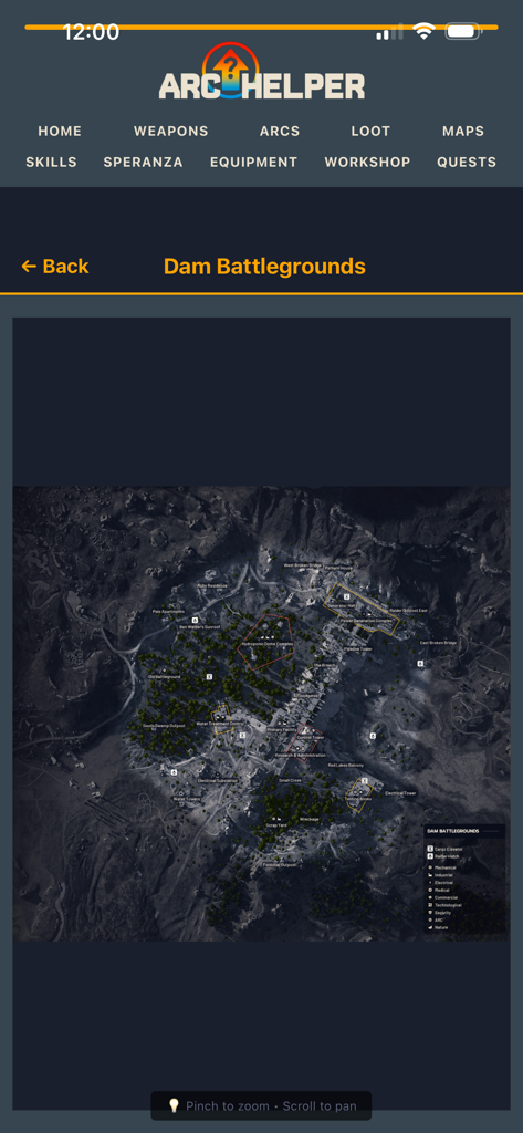 Arc Helper - Mapa táctico detallado del área de Dam Battlegrounds en la aplicación Arc Helper.