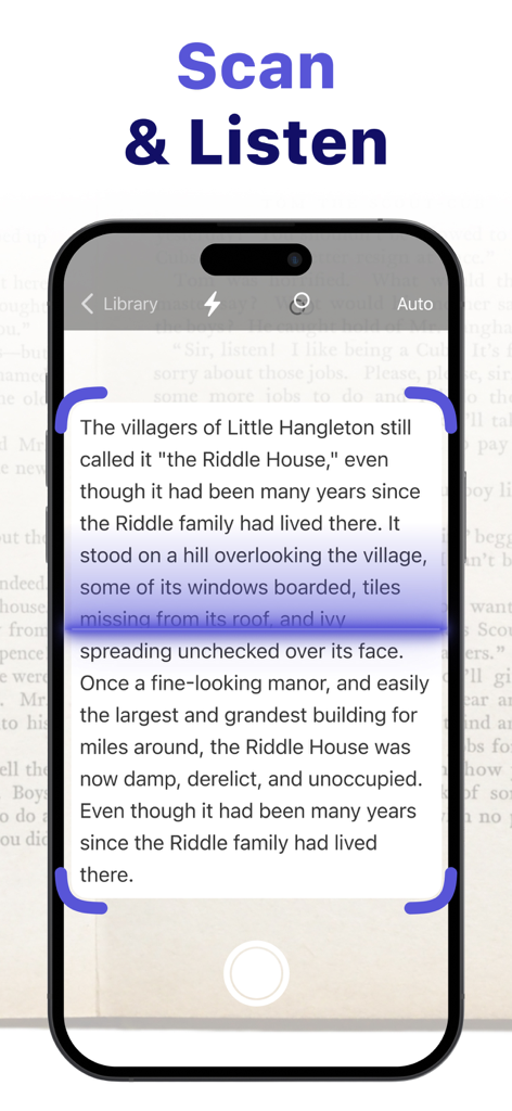 Text to Speech – Reading Aloud - A smartphone interface showing the scan and listen feature converting printed text into audio