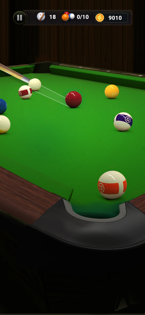 8 Pool Master - A 3D mobile billiards game showing a cue aiming at a red ball on a green pool table.