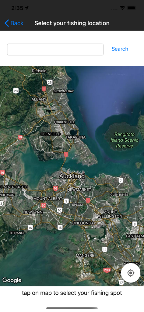 Fishing Times Pro - A map interface in Fishing Times Pro app to select a fishing spot