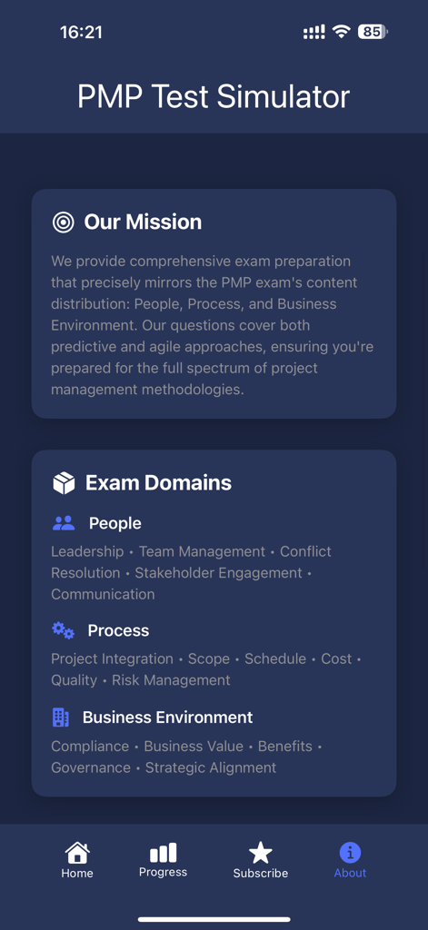 PMP Test Simulator - La aplicación Simulador de Examen PMP que muestra los dominios del examen para Personas, Procesos y Entorno Empresarial.