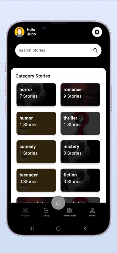 Titik & Koma - Mobile screen of the Titik and Koma app showing story categories like horror romance and thriller