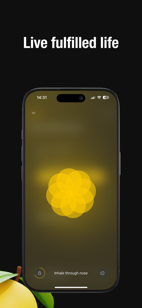 Lemio: Lock In Screen Time - Lemio app screen showing a guided neuroscientific breathing exercise with a yellow flower icon to help users refocus and reduce screen time.