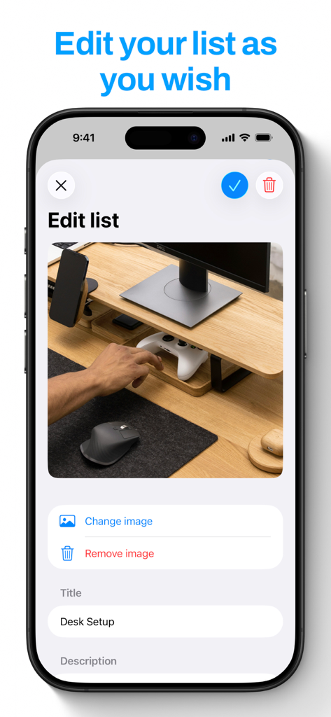 Wishlist – Share & Discover - The edit list screen in the Wishlist app featuring a desk setup image and customization settings.