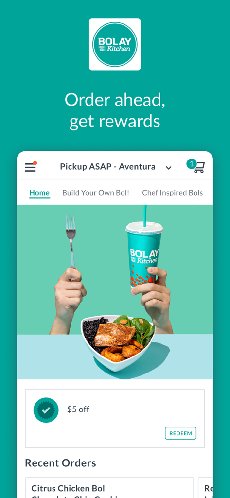 Bolay Fresh Bold Kitchen - Interfaz de la app Bolay mostrando recompensas y opciones para crear un cuenco saludable personalizado