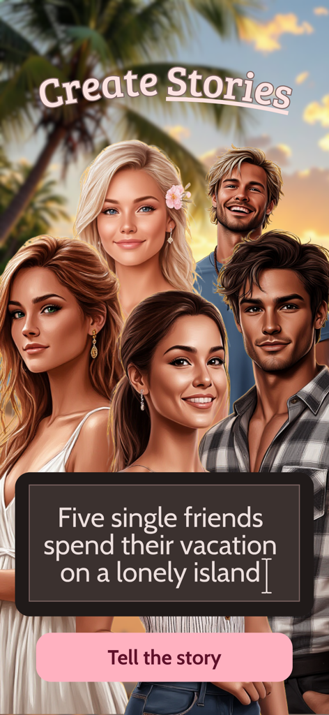 Euphoria: AI Choices - Interactive story prompt with five characters on a tropical beach
