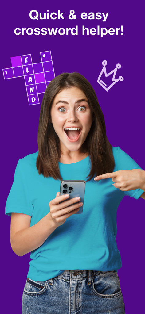 Crossword Solver Plus - A happy woman pointing at her phone while using the Crossword Solver Plus app