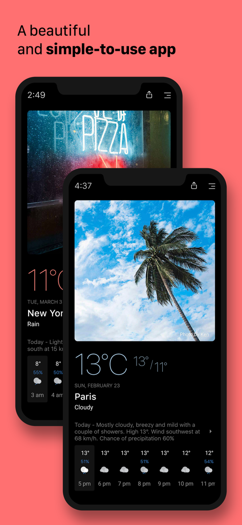 Today Weather: Radar & Alerts - Interfaccia dell'app Today Weather su iPhone che mostra un design di previsioni meteo semplice e bello