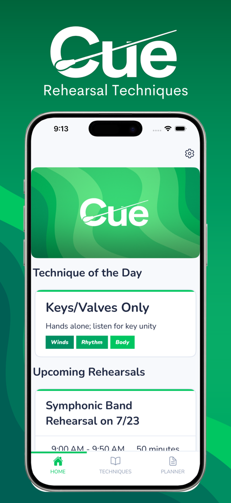 Home dashboard of the Cue Rehearsal Techniques app showing a daily music pedagogy tip and an upcoming rehearsal schedule for a symphonic band.