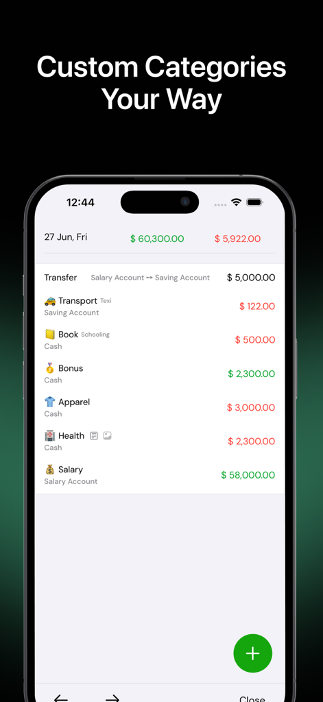 Una pantalla de teléfono móvil que muestra la aplicación Money Manager con una lista de transacciones financieras diarias e iconos personalizados para diferentes categorías como transporte y salud