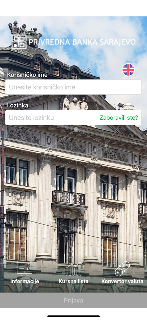 mPBS - Anmeldebildschirm der mPBS Mobile Banking App mit Benutzername- und Passwortfeldern vor einem Hintergrund bosnischer Architektur
