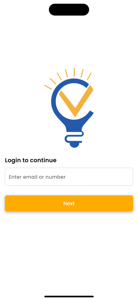 Vora Classes App - Login screen of Vora Classes App with email entry and orange button