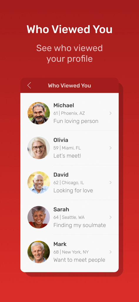 Elenco di profili di senior che mostrano la funzione Chi ti ha visualizzato sull'app Incontri Senior
