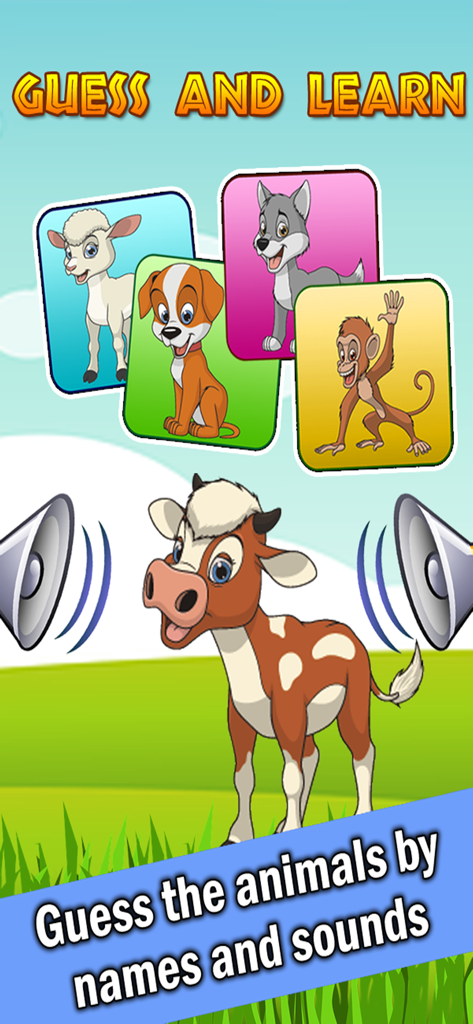 Pantalla de juego educativo para niños que muestra una vaca de dibujos animados y tarjetas de animales para oveja, perro, lobo y mono