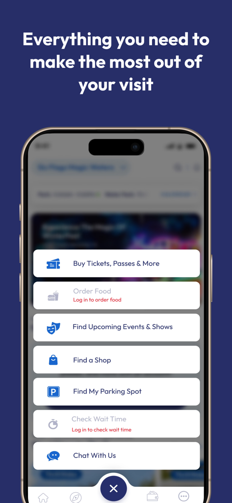 Six Flags app interface on a smartphone showing visitor features like buying tickets ordering food and checking ride wait times