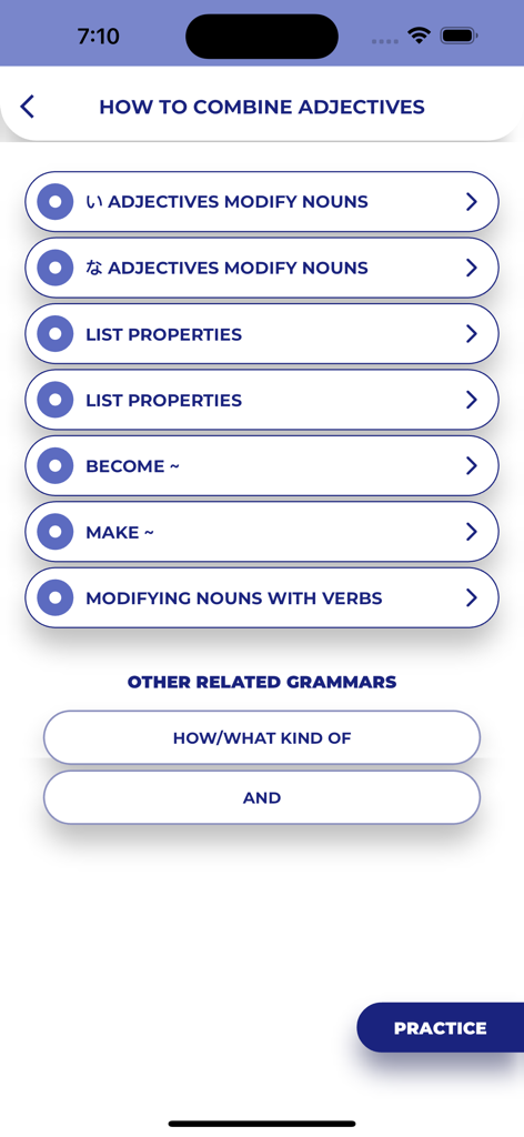 PORO - Japanese Grammar - Lista de lecciones de gramática japonesa para combinar adjetivos en la aplicación PORO.