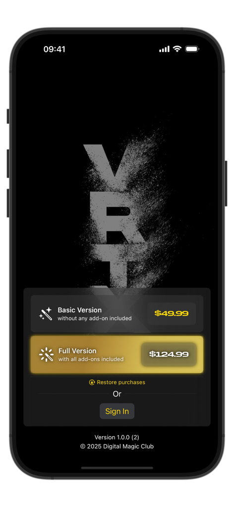 VRTX - Tela de compra do aplicativo de mágica VRTX com opções de versão Básica e Completa