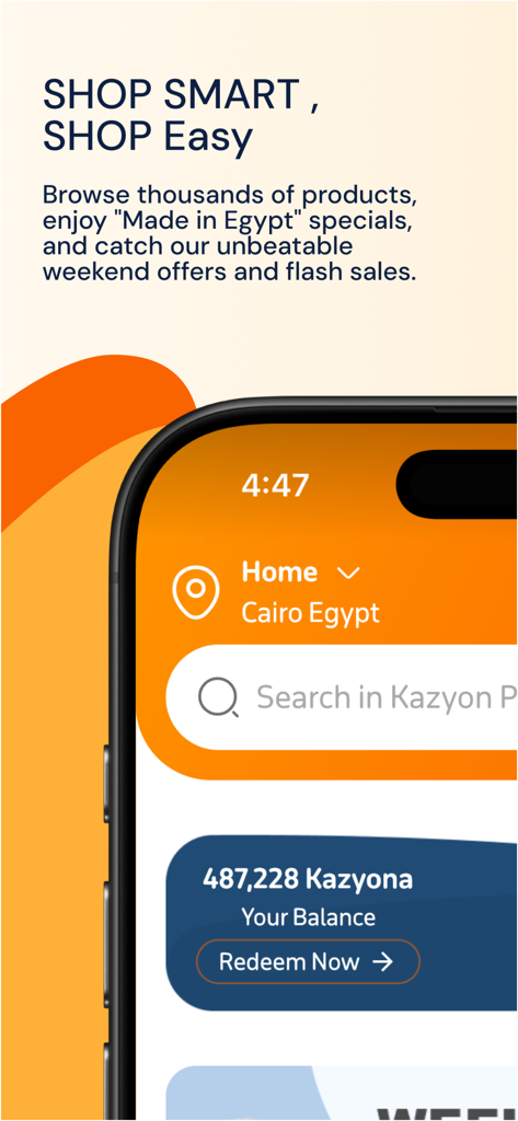 Kazyon Plus - Kazyon Plus mobile app dashboard showing grocery shopping options and Kazyona loyalty points balance