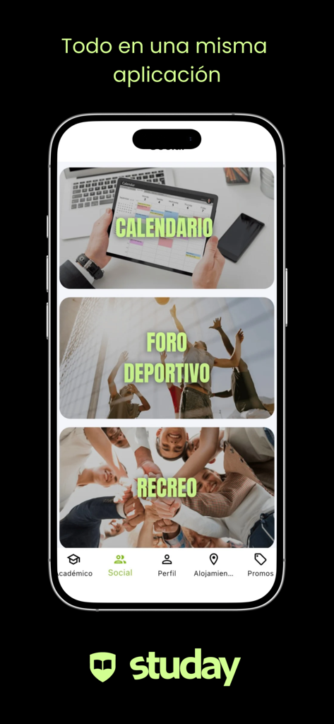 Studay mobile app interface showcasing social features like a calendar and sports forums.