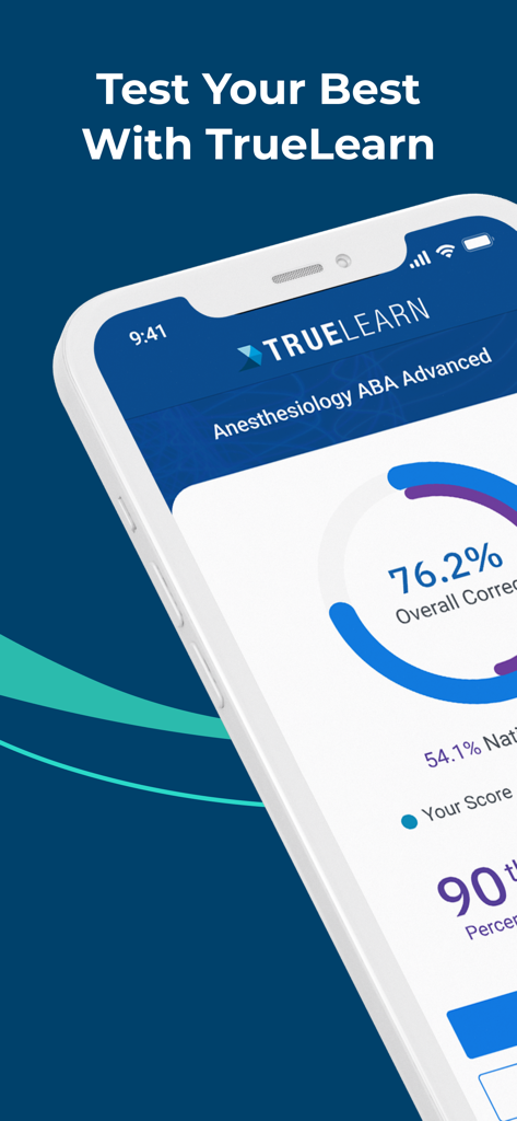 TrueLearn app performance dashboard showing exam scores and national percentile rankings