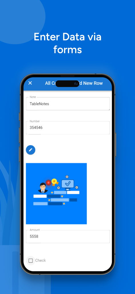 Mobile interface showing a data entry form for adding a new row in a spreadsheet app