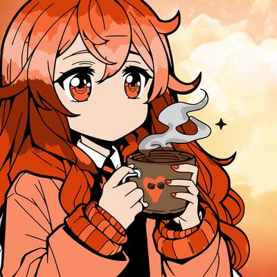 hot anime girl drinking coffee in the morning