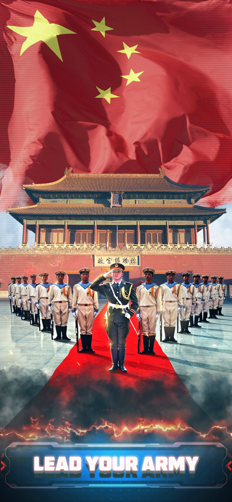 Oficiales militares saludando frente a un palacio y una bandera china en Supremacy World War 3