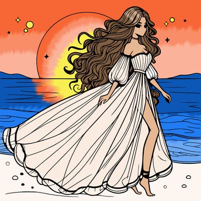 beautiful woman with a vaporous long dress walking on the beach at the noon, detailed art