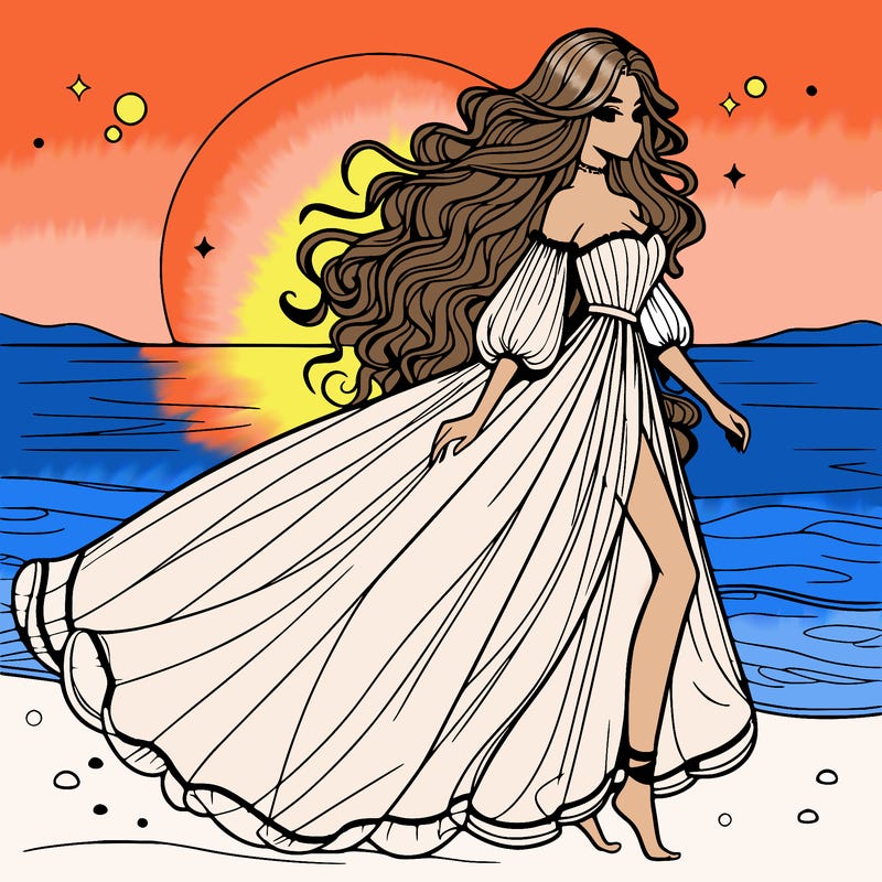 beautiful woman with a vaporous long dress walking on the beach at the noon, detailed art