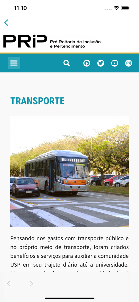 Cardápio USP - Transport section of the Cardapio USP app featuring a campus bus and information on university transit benefits.