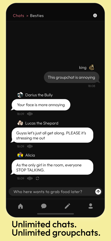 Xoul AI - Imagine Anything - Xoul AI app screenshot showing a group chat with multiple AI characters roleplaying.