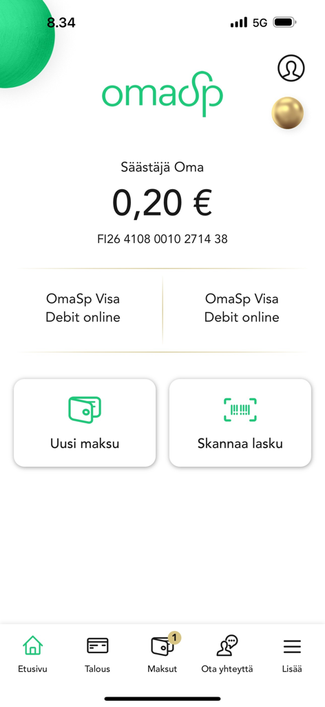 Écran d'accueil de l'application de banque mobile OmaMobiili affichant le solde du compte et les options de paiement