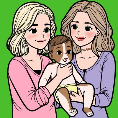 two realistic women holding one baby together